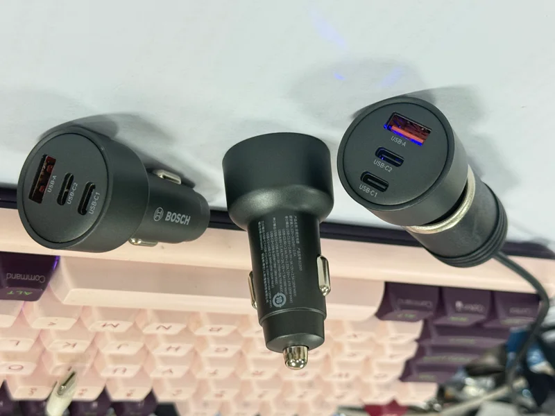 85W car charger product front view - USB-C PD fast charging with LED indicator