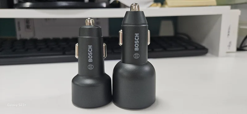 85W car charger side view - compact design for car cup holder placement