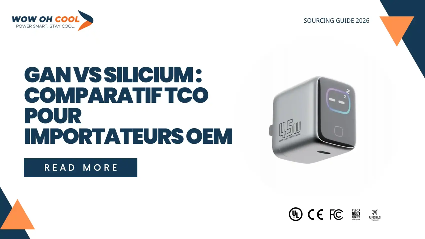 Comparatif chargeur GaN vs silicium pour importateurs OEM — rendement 93-95% vs 85%, taille 60% plus compacte, TCO sur 3 ans