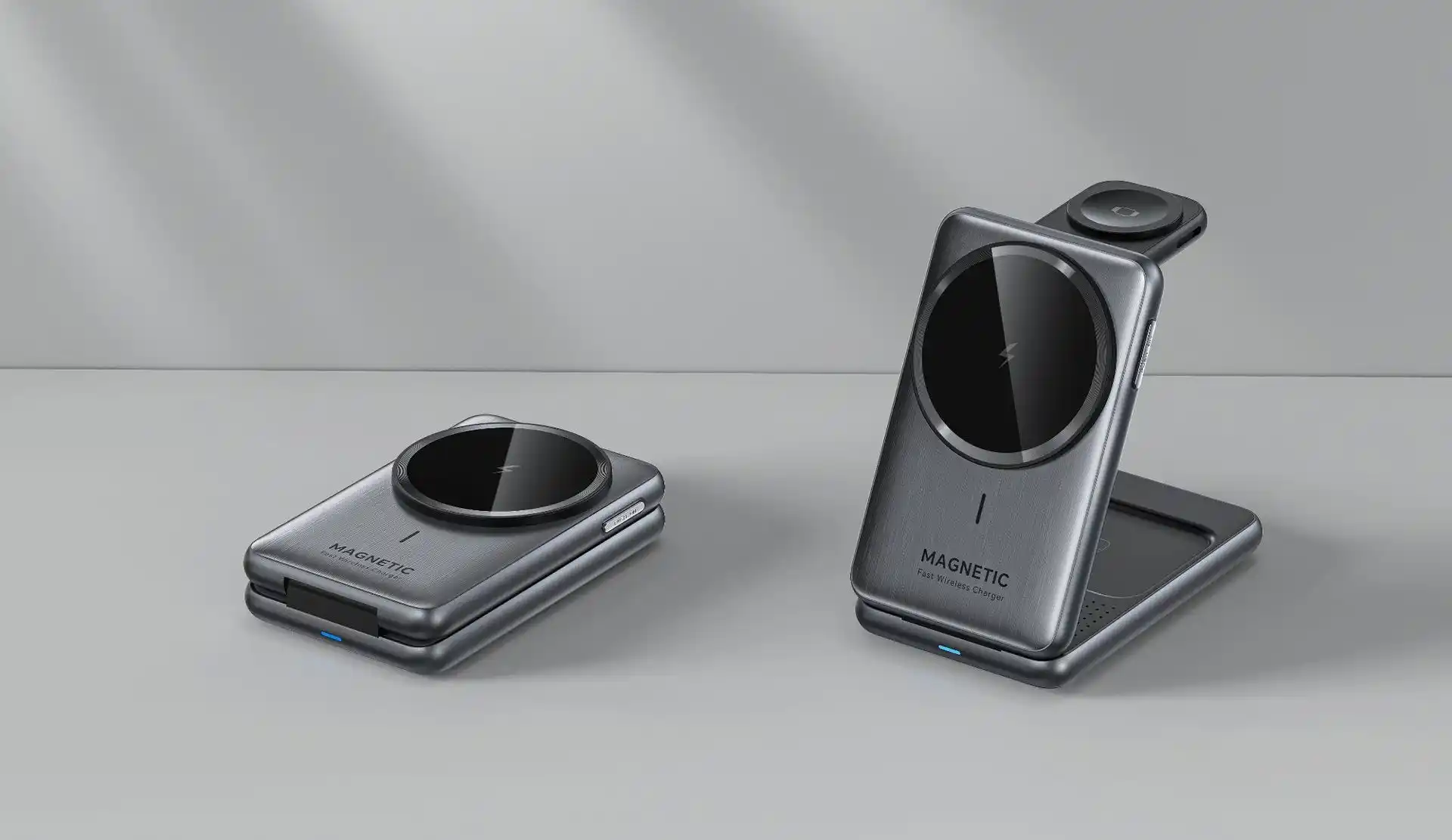 Compact 3-in-1 wireless charger folded elegantly for hotel room bedside - premium travel charging solution