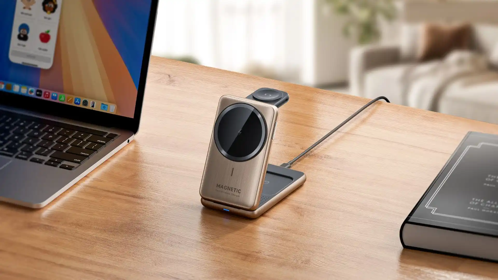 Premium champagne-colored 3-in-1 wireless charger in luxury hotel room - WOWOHCOOL premium hospitality charging solution