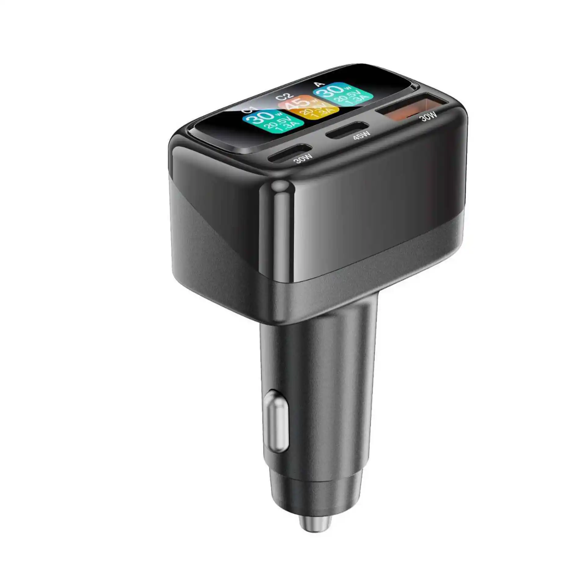 WOF20 TFT smart display car charger 105W from the WOWOHCOOL factory, three ports and live power readout - zinc alloy automotive charger OEM