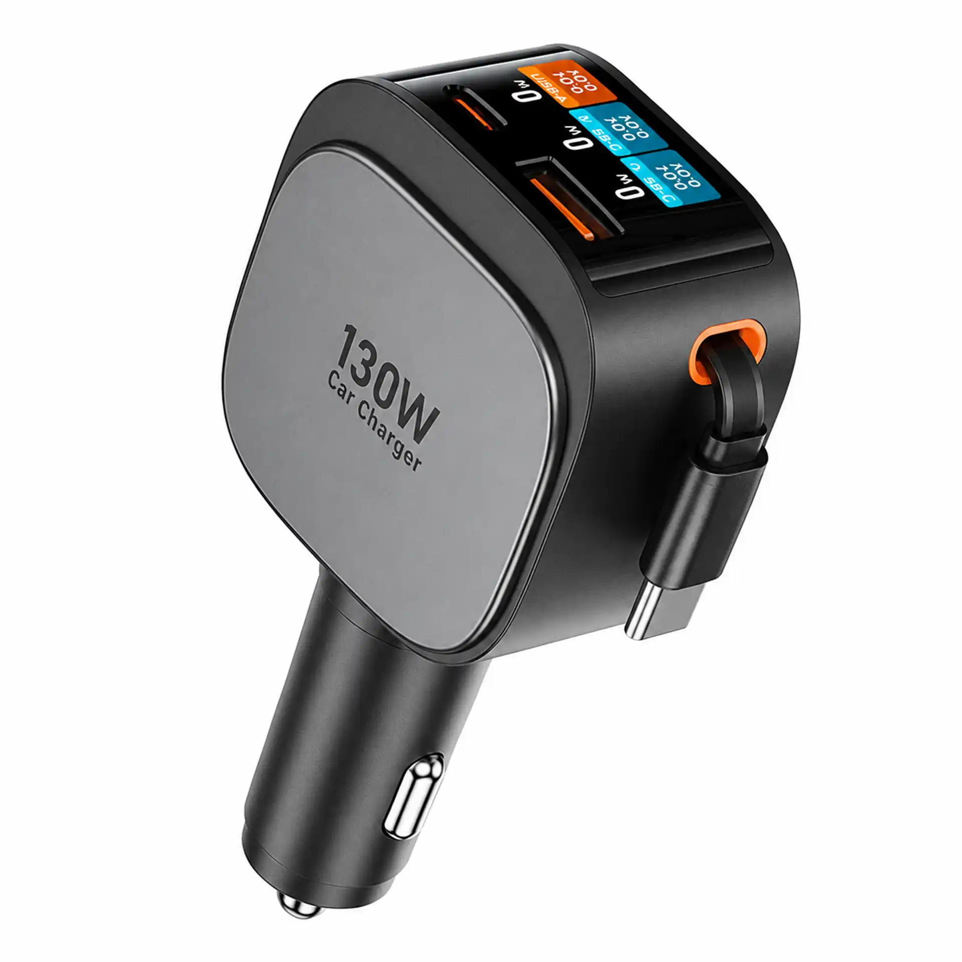 WOF22 TFT display car charger 130W with built-in retractable Type-C cable from the WOWOHCOOL factory - PD 100W automotive charger OEM