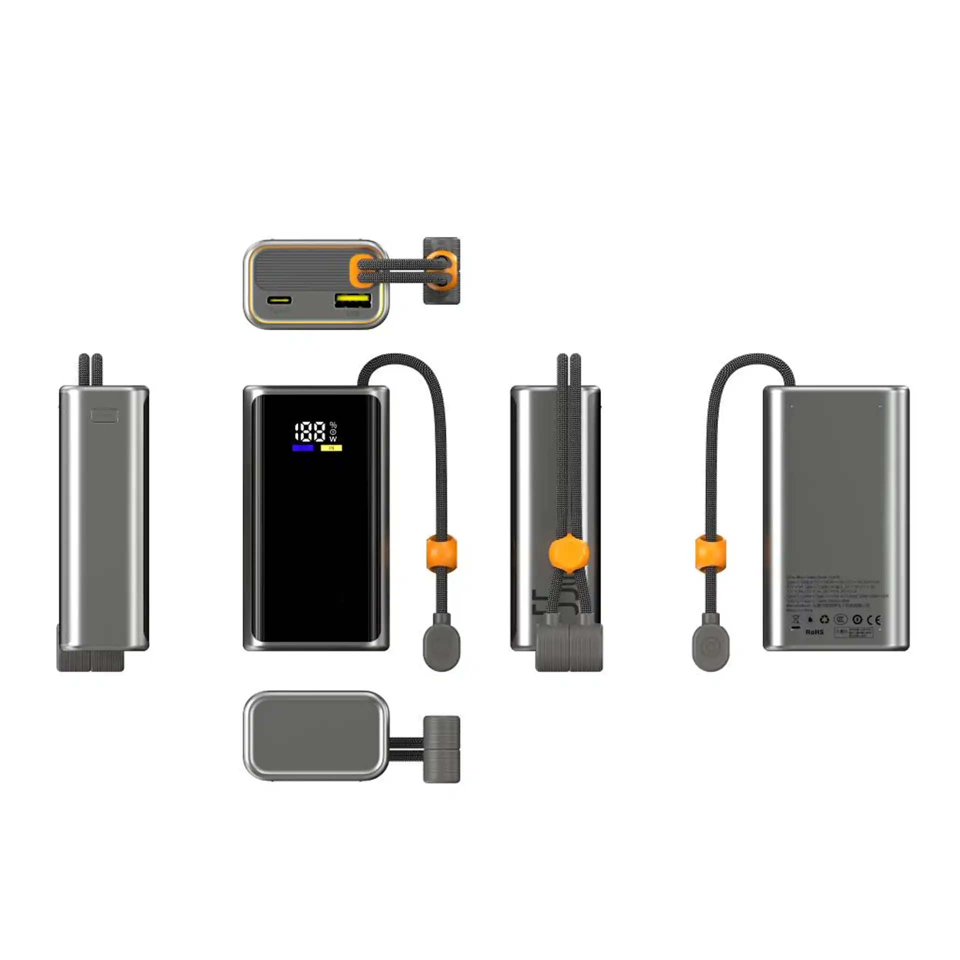 WOP09 55W Semi-Solid-State Power Bank 10000mAh with dual built-in fast charging cables, Type-C and Lightning, next-gen battery technology