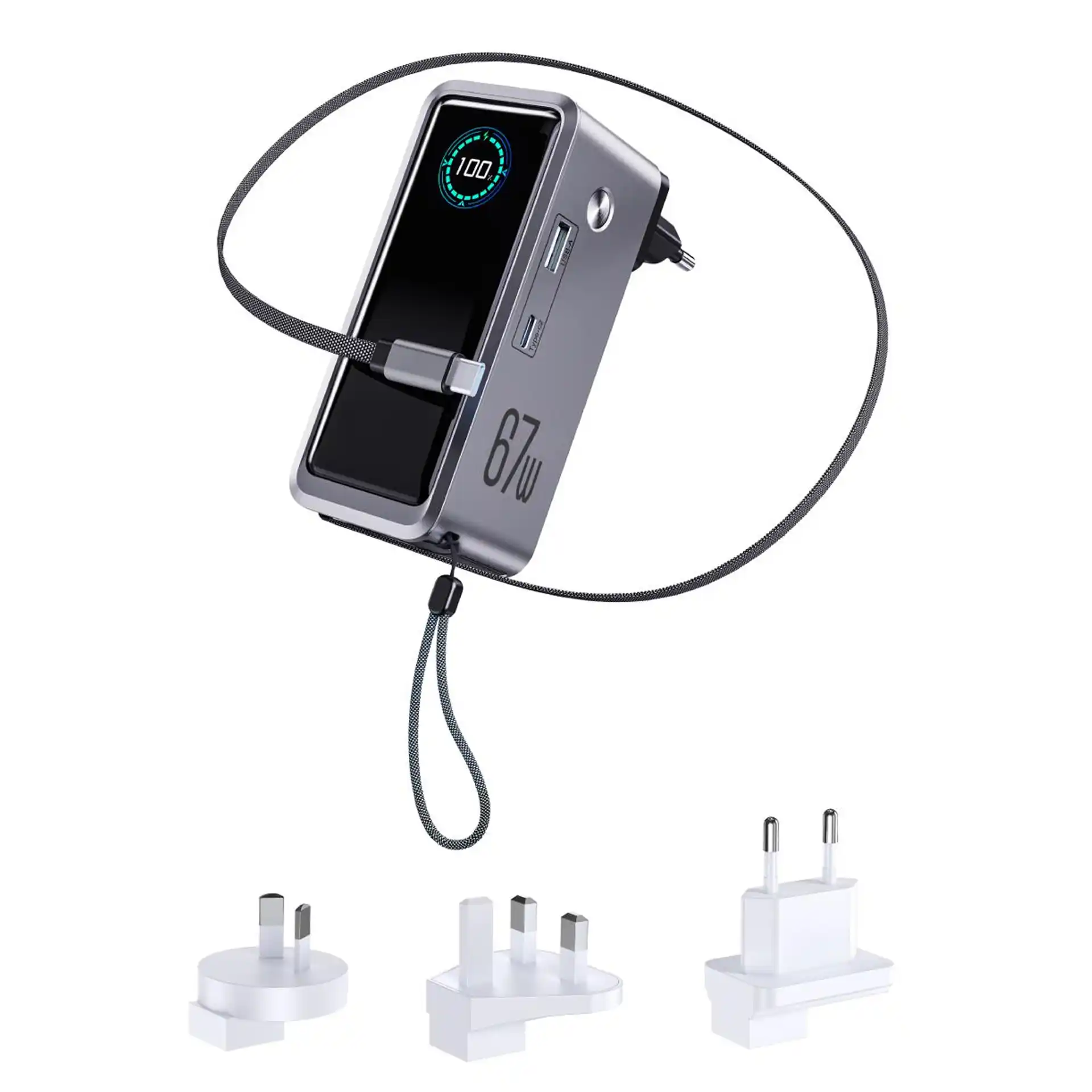 WOP67 45W 2-in-1 Built-in Cable Hybrid Charger Power Bank with retractable cable, wall charger and power bank combo