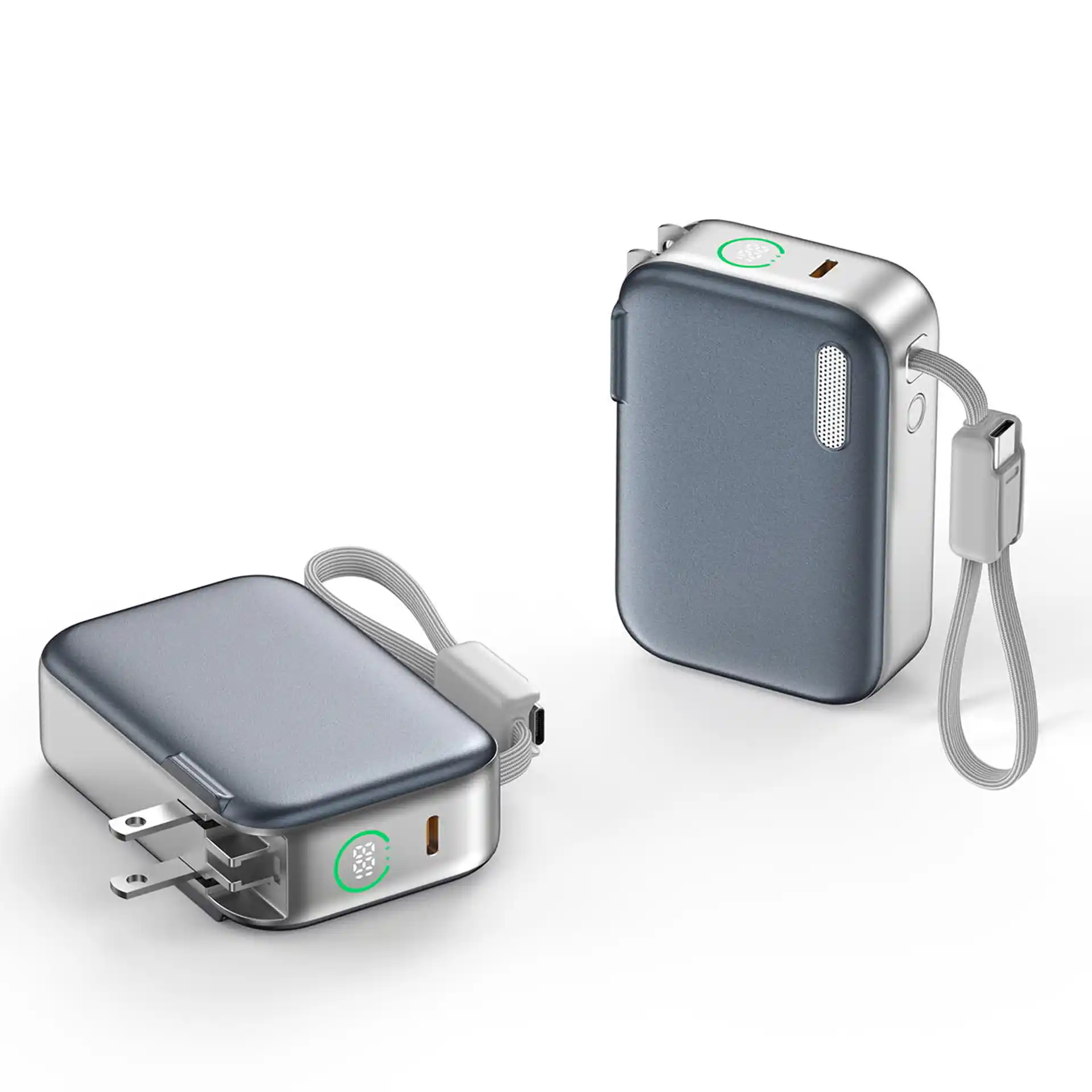 WOPA09 2-in-1 Hybrid Charger Power Bank 10000mAh with AC foldable plug, built-in braided Type-C cable, 22.5W PD super fast charge, 188 matrix LED display, metallic paint shell, vacuum-plated mid-frame, global plug adapters