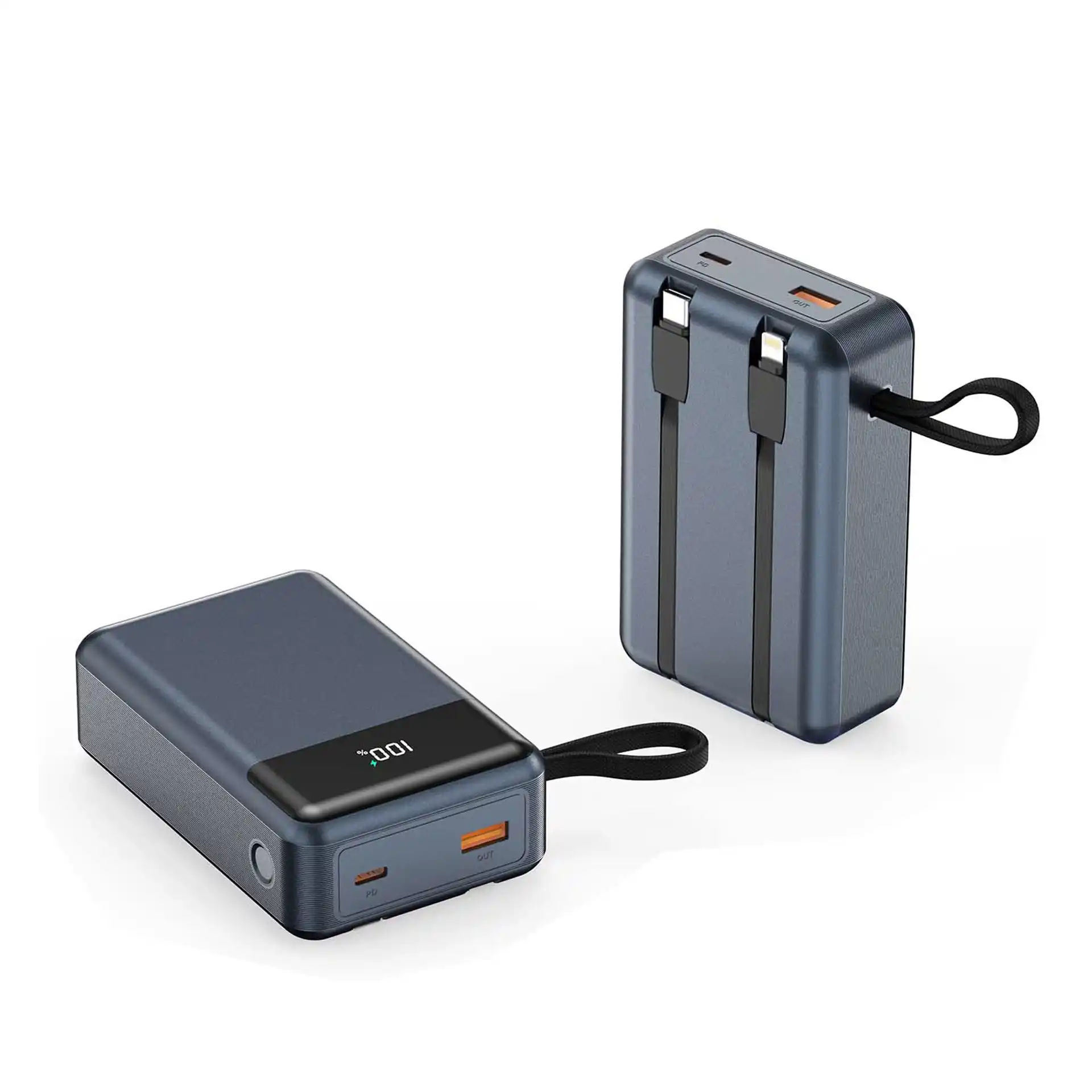 WOPB20 65W Dual-Cable Laptop Power Bank 20000mAh with built-in Type-C and Lightning cables, PD 65W bidirectional, 4S 15.4V 1.5C polymer battery, braided lanyard handle, 7 colorways, pearl matte UV shell