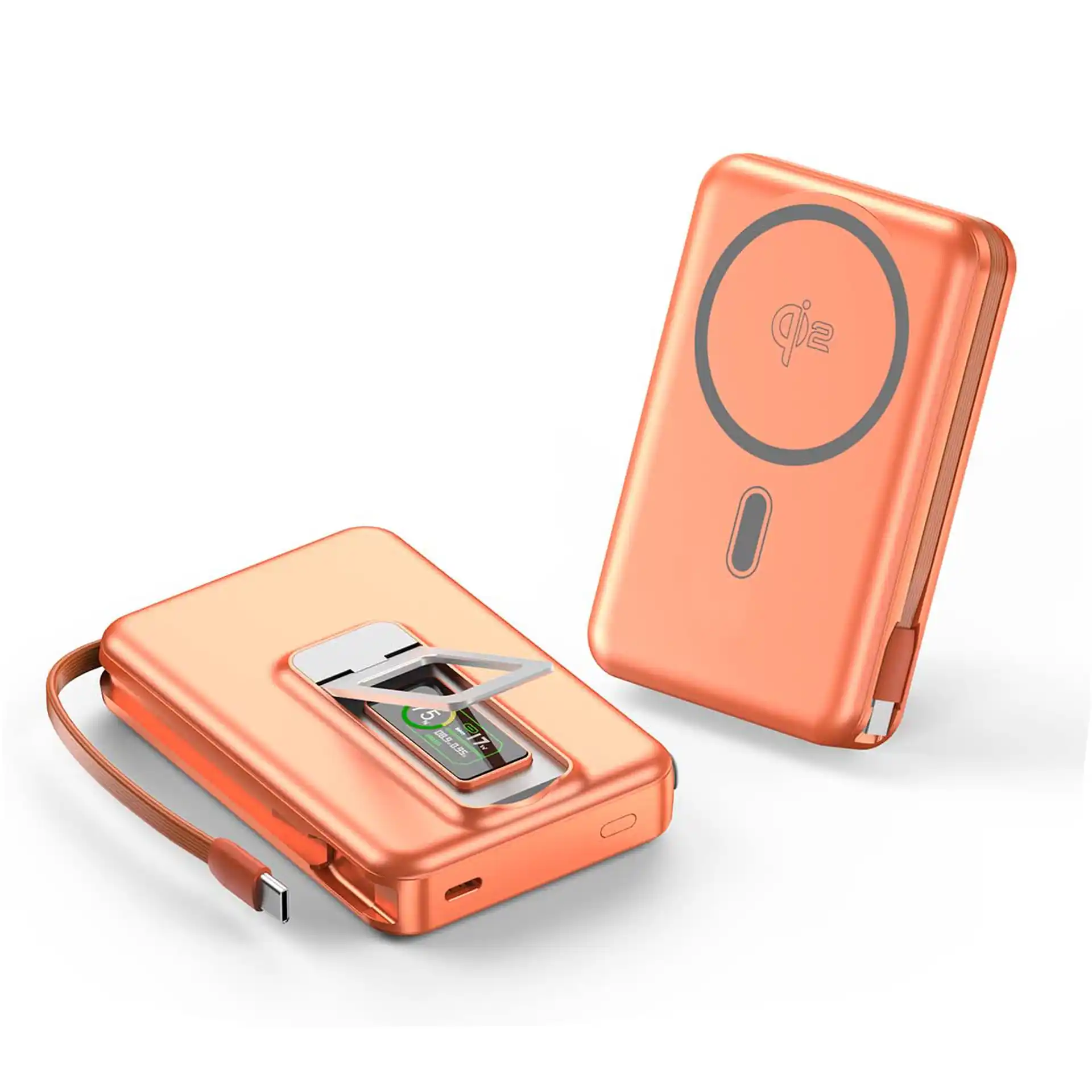 WOPQ11 Qi2.2 Magnetic Power Bank 10000mAh with 25W wireless charging, PD 40W USB-C output, TFT smart display, built-in braided cable, zinc alloy kickstand