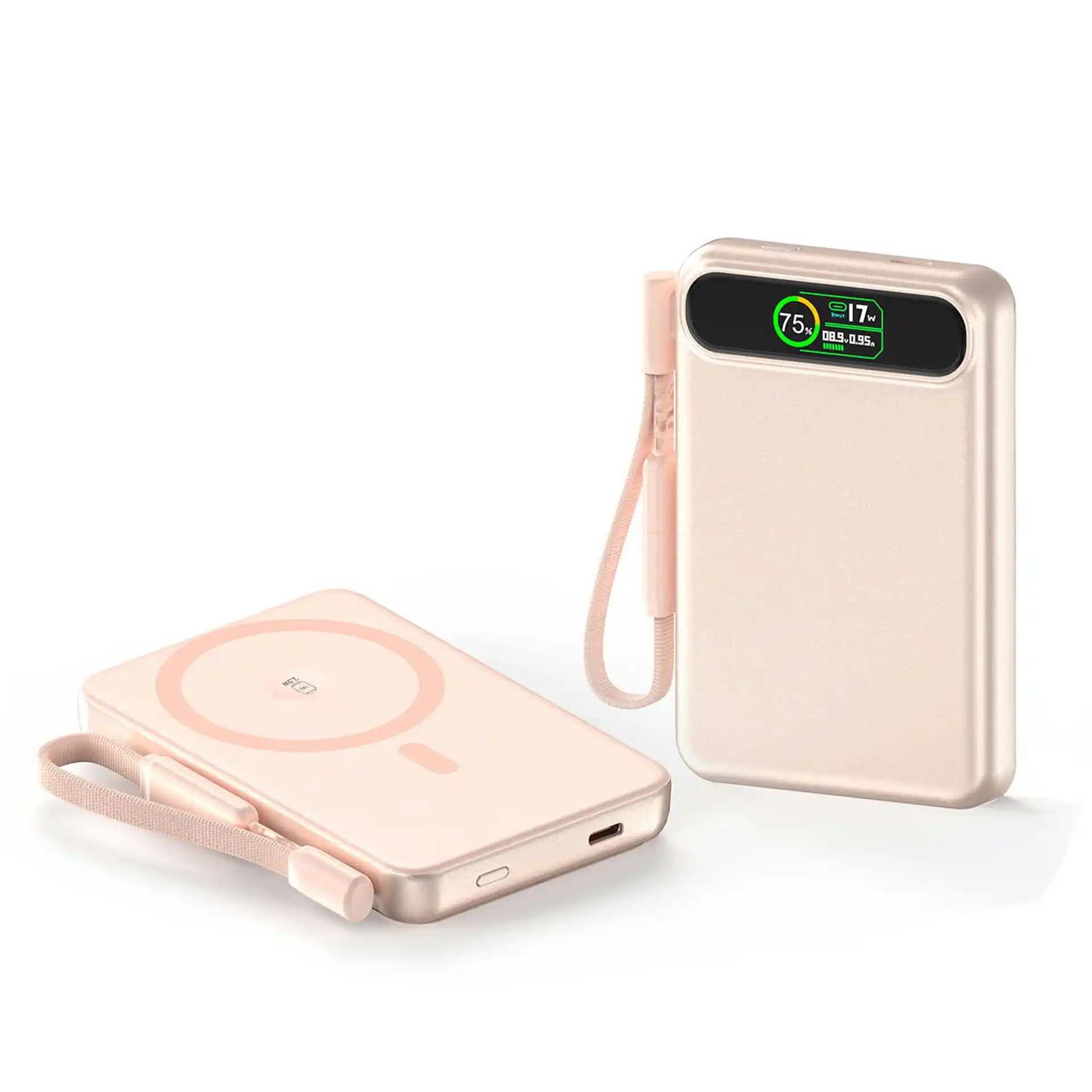 WOPT08 TFT Display Magnetic Wireless Power Bank 10000mAh with built-in braided cable, 15W phone wireless, 2.5W Apple Watch, 22.5W USB-C PD, metal oxidized shell