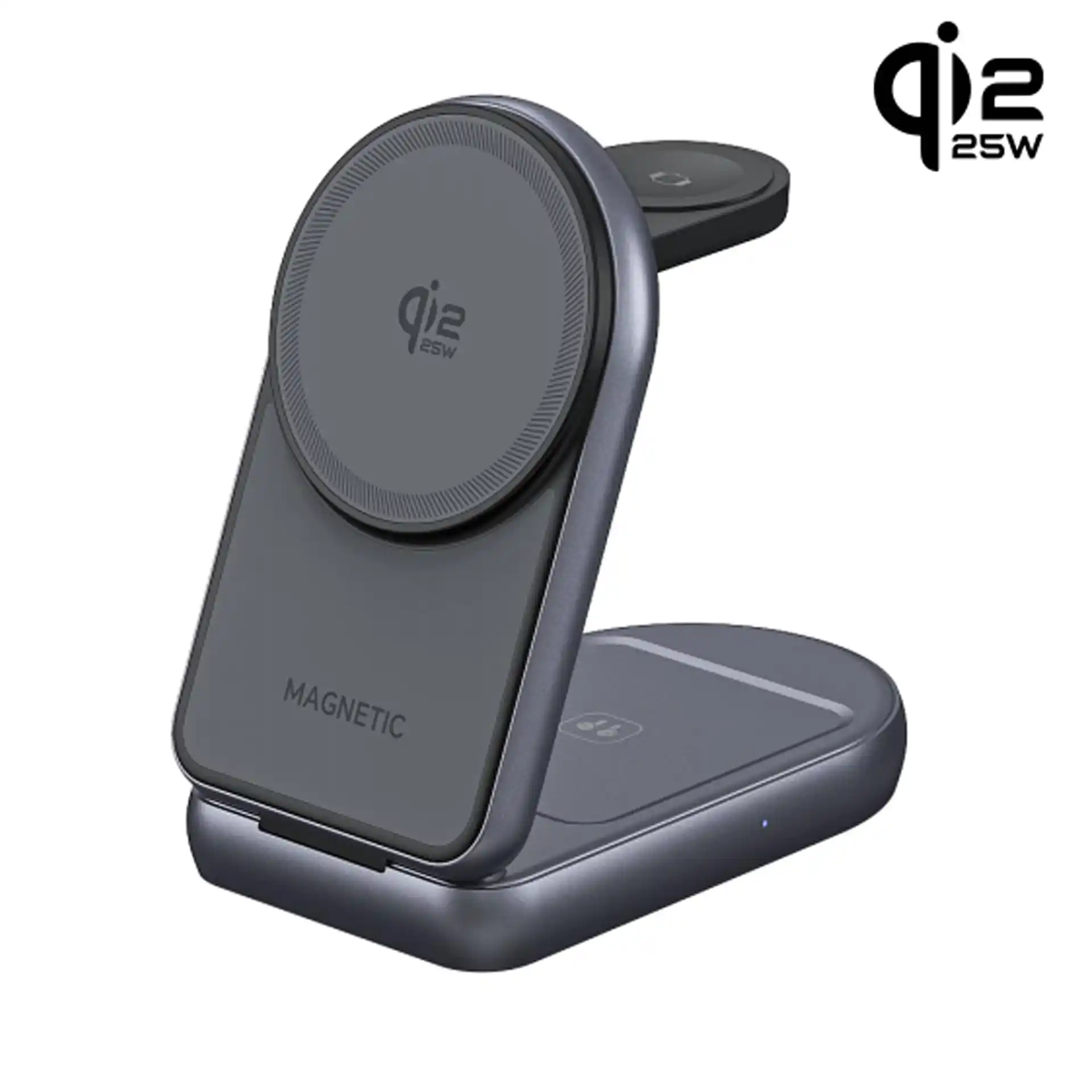 WOW115 Qi2.2 25W Magnetic 3-in-1 Foldable Wireless Charger — mouse-sized compact with ring magnet, circular cooling holes, rust-colored paint — OEM Shenzhen