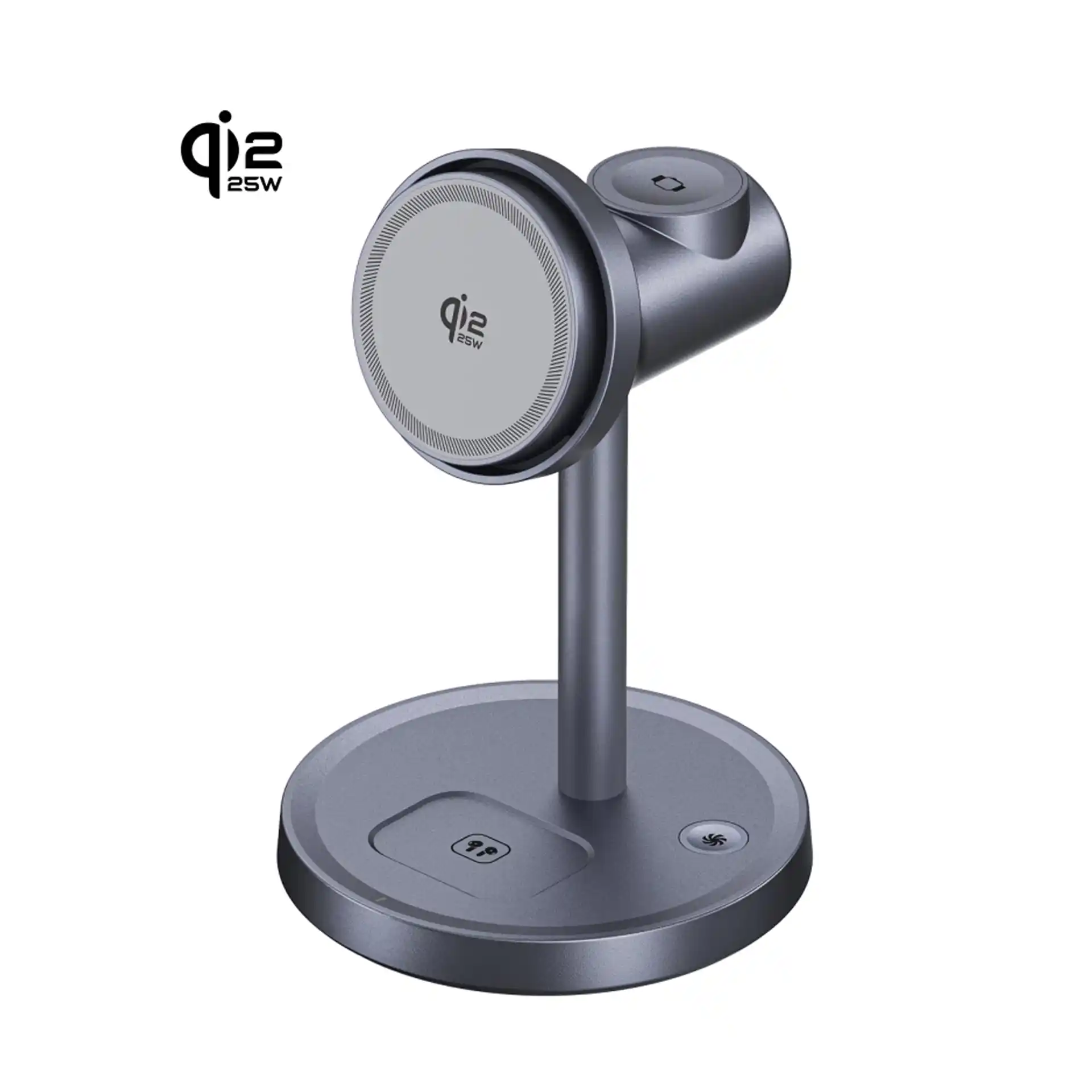WOW122 25W Air-Cooled 3-in-1 Wireless Charging Station with smart cooling fan, real-time power display and rear ambient night light - OEM Qi2 manufacturer Shenzhen