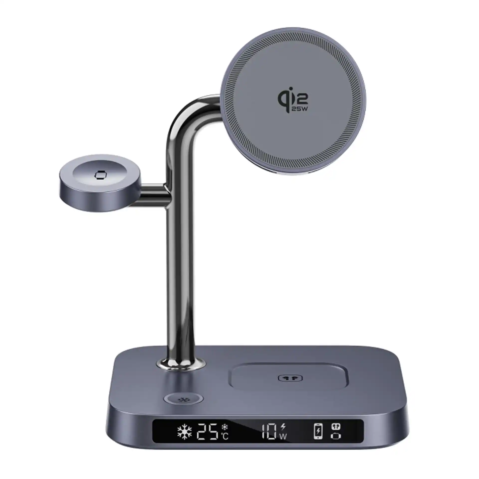 WOW133 25W TEC 3-in-1 Wireless Charging Station with semiconductor cooling, real-time temperature display, zinc alloy build — OEM Qi2 manufacturer Shenzhen