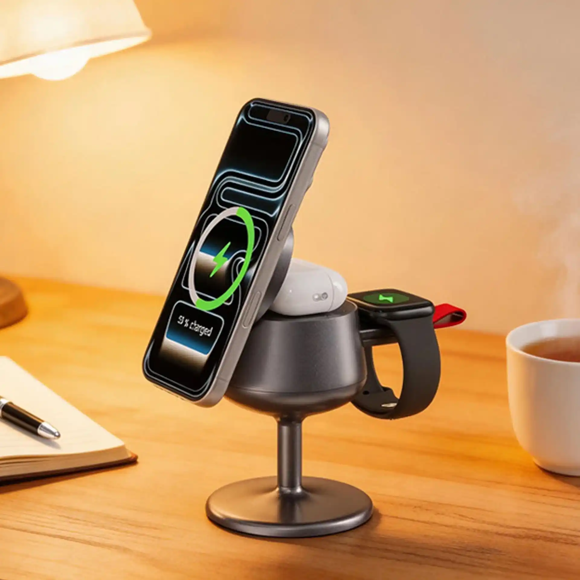 WOW19 Qi2.2 25W Wine Glass 3-in-1 Wireless Charger for Apple MagSafe Phones | Foldable Desktop Qi2 Magnetic Charging Station Factory OEM