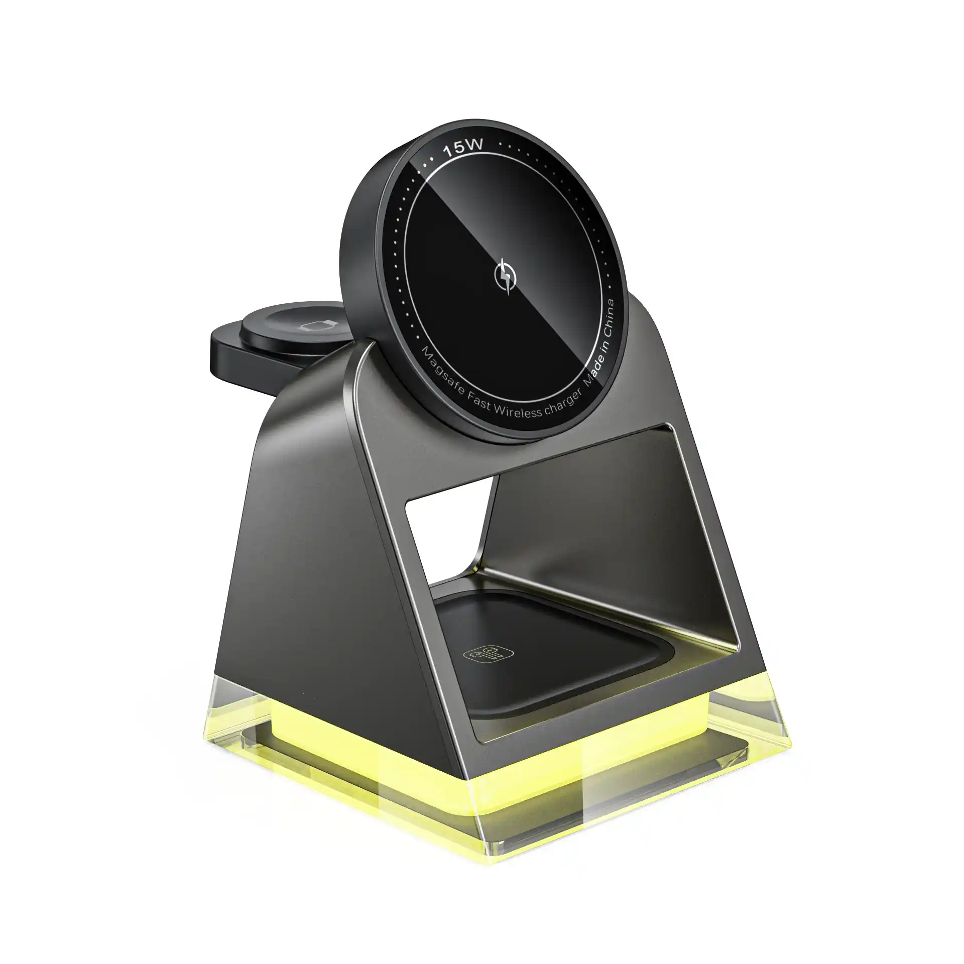 WOW83 15W Magnetic 3-in-1 Night Light Wireless Charger with detachable watch module, acrylic atmosphere light, ABS+PC build — OEM Shenzhen