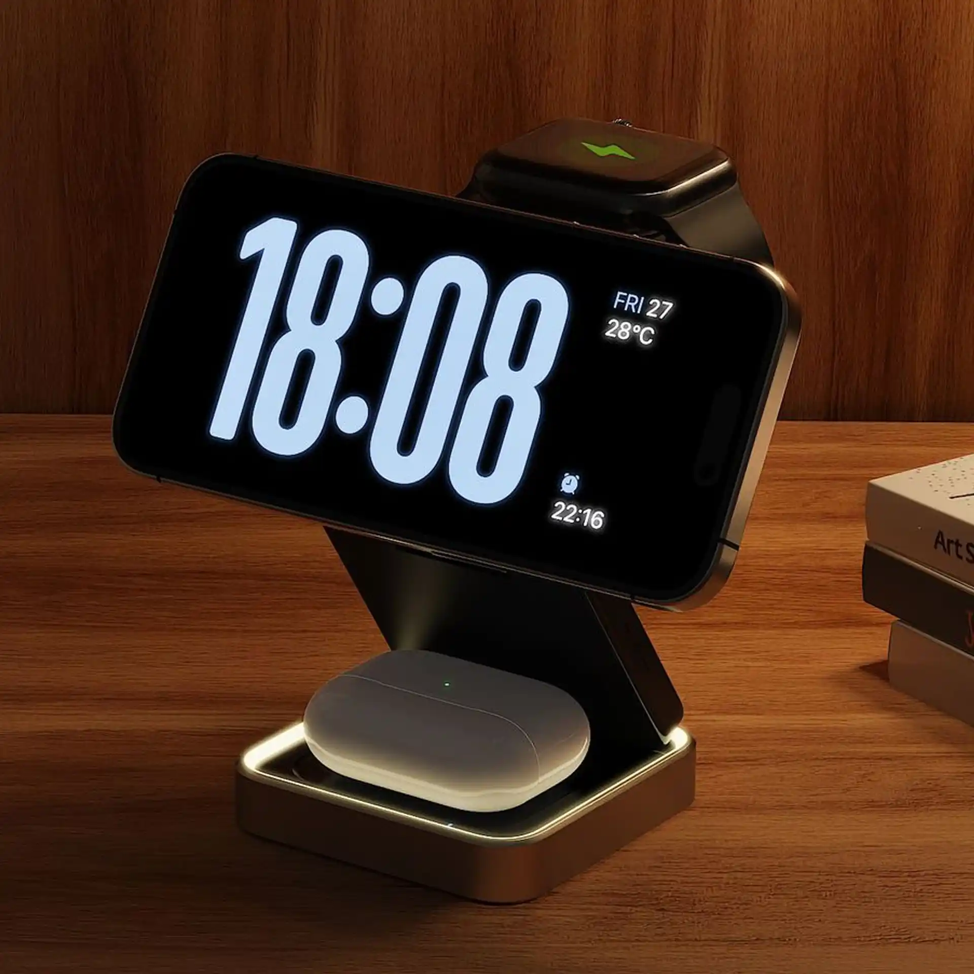 WOWOHCOOL wireless charger factory - WOW90 3-in-1 zinc alloy folding wireless charger with night light for hotel amenity OEM