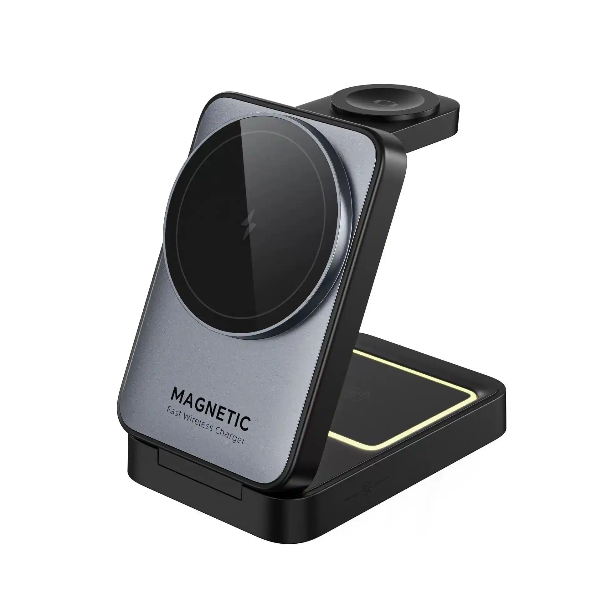 WOW91 Qi2 15W Magnetic 3-in-1 Foldable Wireless Charger with ambient night light, circular cooling holes, vermilion paint — OEM Shenzhen