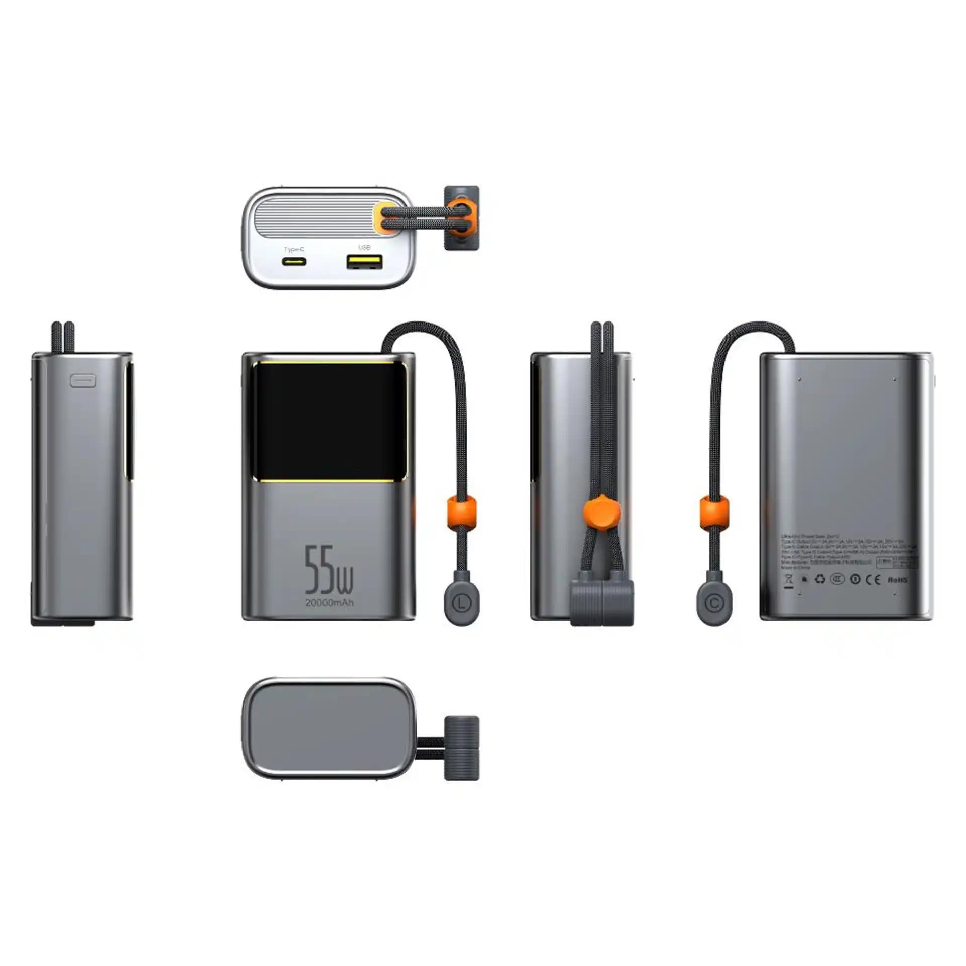 WOP10 55W Semi-Solid-State Power Bank 20000mAh with dual built-in fast charging cables, Type-C and Lightning, next-gen battery technology