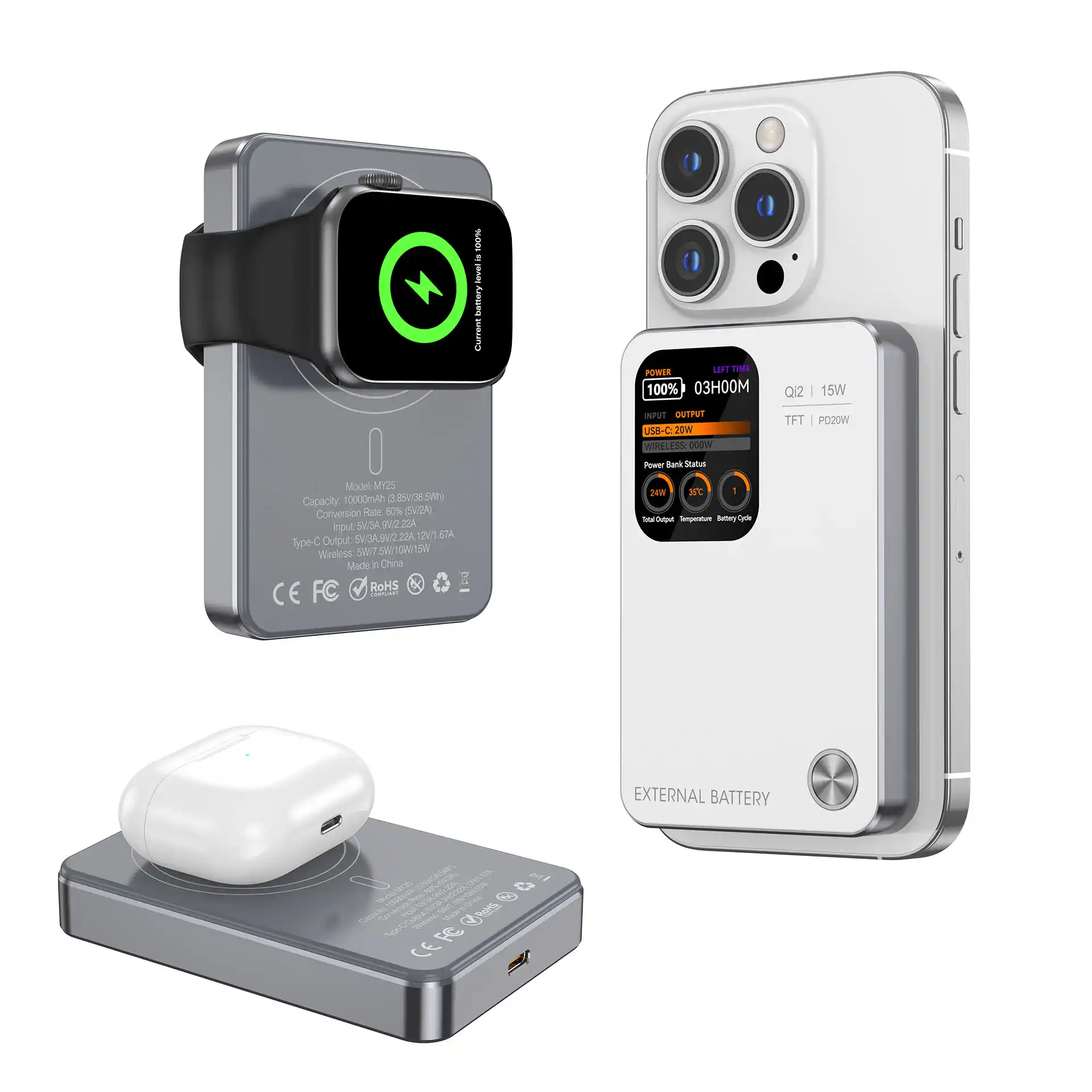 WOP15 10000mAh 3-in-1 TFT Display Power Bank with wireless charging, aluminum alloy + tempered glass shell, 15W Qi2 magnetic compatible