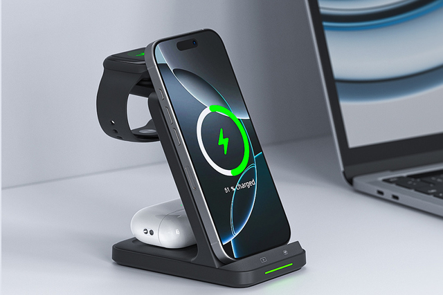 15W Dual Coil 3-in-1 Wireless Charger Stand for iPhone and Apple Watch
