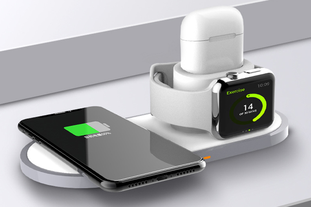 2-in-1 magnetic wireless charger fast charging an iPhone and an Apple Watch.