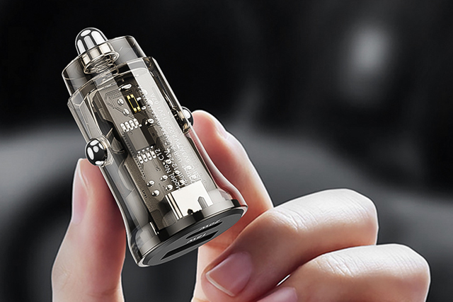 Compact Transparent Shell Dual Port USB Car Adapter for Fast Charging Visibility