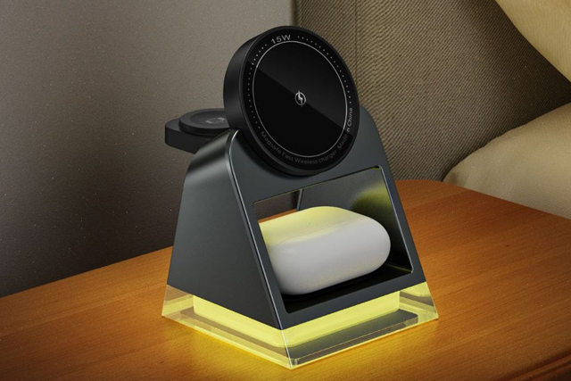 Magnetic 3-in-1 Wireless Charger with Touch Crystal Lamp for iPhone and Apple Watch