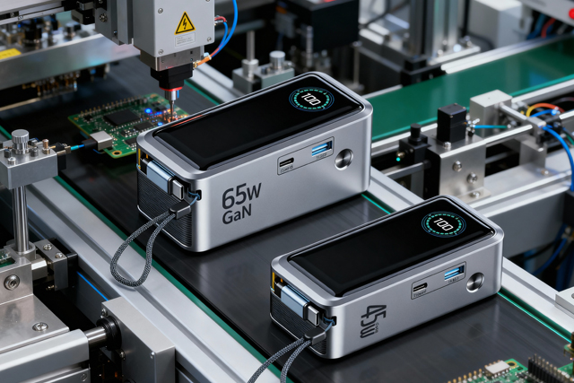 Automated production line manufacturing high-speed GaN power chargers with precision and efficiency at WOWOHCOOL factory.