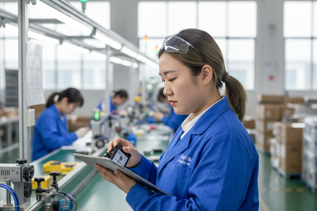 Quality control specialist inspecting power charger units and testing wireless charging performance at WOWOHCOOL lab.